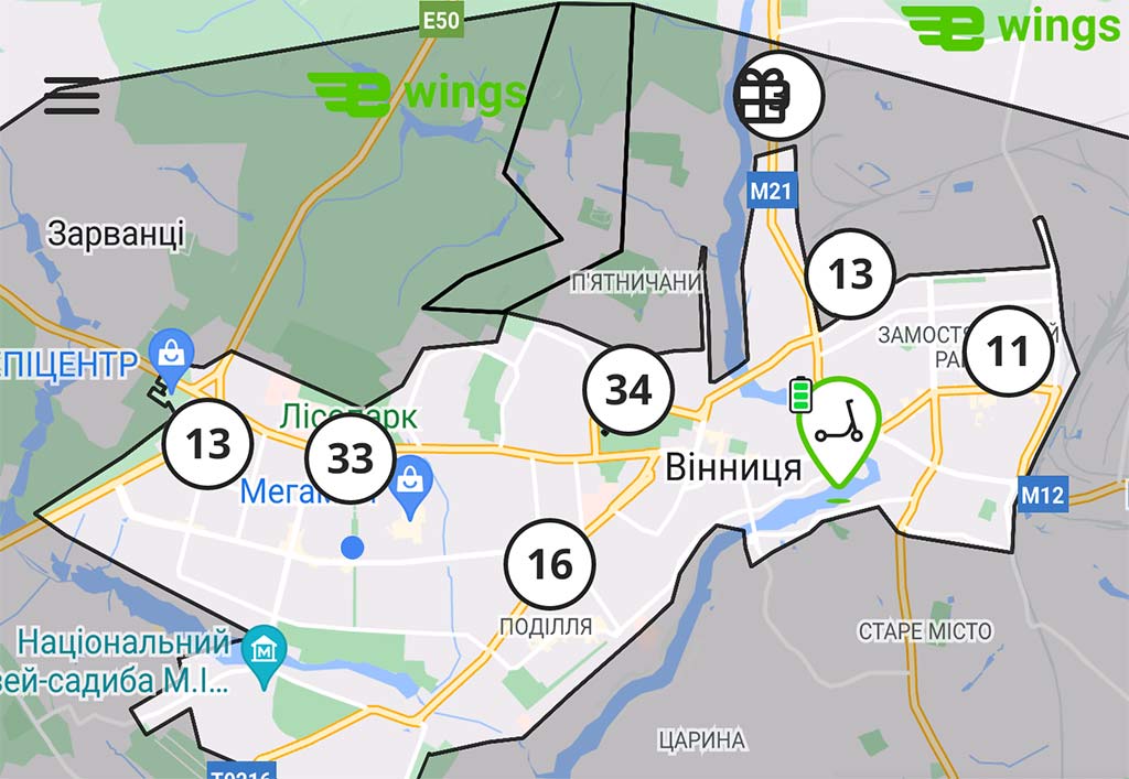 Карта Виннице, где можно ездить на электросамокатах